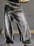 Women Jeans Wide Leg Layered Patchwork Washed Rhinestone Decor Asymmetric Streetwear Fashion Summer