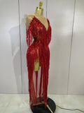 Sexy Sparkly Red Diamonds Tassel Mesh See Through Long Dress Women Eveing Birthday Party Nightclub Singer Stage PhotoShoot Wear