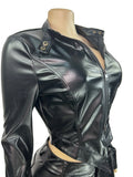 Fashion Bike PU 2-Piece Set Women Zip Stand Collar Jacket+Button Shorts Matching Gothic Punk Hottie Slim Streetwear