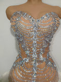 Diamonds Mesh Sexy See Through Cocktail Mini Dress Women Eveing Luxury Birthday Party Singer Nightclub Show Stage Costume