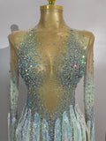 Sexy Sparkly Rhinestone Tassel Long Sleeves Mesh See Through Mini Dress 2026 Women Latin Dance Nightclub Party Club Stage Wear
