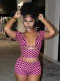 Sexy Dot Print 3 Piece Sets Women Chic Halter Bra Tops+Short Sleeves Crop Tops+Shorts Skinny Beach Vacation Clubwear