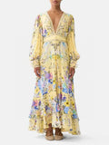 Yellow Floral Print Puff Sleeve Maxi Dress for Women Deep V Neck High Waist Asymmetrical Ruffle Hem Skirt for Garden Parties