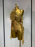 Sexy Strapless Gold Shinning Rhinestone Bodycon Bodysuit With Glove Bar Dancer Nightclub Singer DJ Stage Costume Birthday Outfit