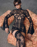 Custom White Lace Sheer High Neck Flare Long Sleeve Corset Mini Dress Fashion Bodycon Formal Evening Party Gown