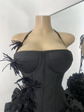 Black Bandage Floral Hather Top Short Skirt Set Women Sexy Backless Knitted Two Pieces Bandage Outfit Nightclub Wear
