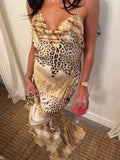 Sexy Fashion Long Dress Woman Leopard Print Lace-Up Halter Backless Sleeveless Shape Waist Ruffles Elegant Vestidos