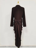 Sexy Evening Party Black Color Midi Dress for Women O Neck Long Sleeve Pachwork Metal Buckle Folds Bodycon Dresses Female