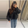 Fashion Women's Drawstring Short Leather Jacket Stand Collar Long Sleeve Ruffle Zipper Female Coat 2026 Autumn Lady Chic Jackets