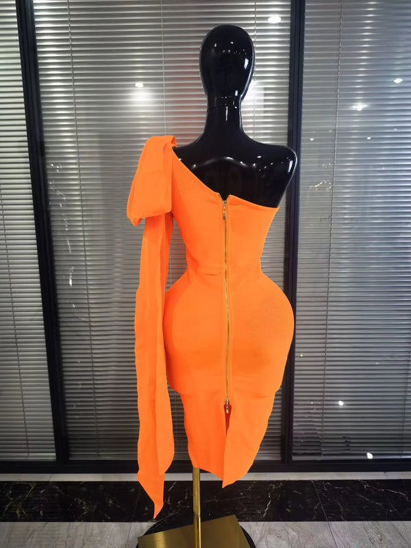 Orange Color Women Long Sleeve One Shoulder Big Bow Bodycon Midi Bandage Dress Elegant Evening Party Birthday Cocktail Wear