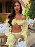 Sexy Off Shoulder Top Maxi Skirt Sets Chic Ruffled Sheer Chiffon Crop Tops High Waist Skirt 2026 New Lady Vacation Party Outfit