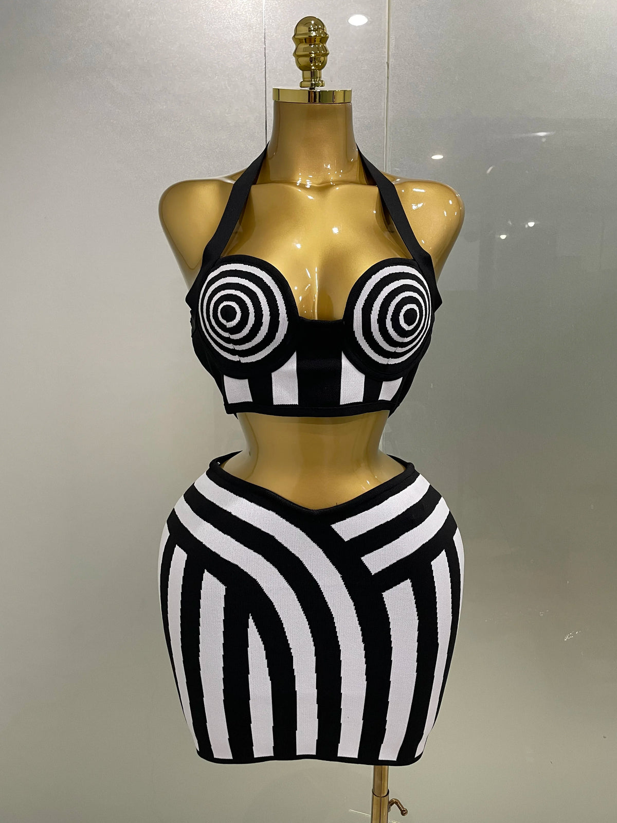 New Women Celebrity Sexy Jacquard Black White Two Piece Bodycon Striped Bandage Skirt Set Designer Evening Party Dress