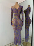 Sexy Colorful Printed Party Dress For Women Long Sleeve Mesh Rhinestones Evening Birthday Celebrity Gala Gown