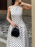 French Elegant Dot Print Mid Dress for Women Square Collar Sleeveless Temperament Date Night Dresses Female Summer