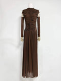 Solid Slim Fit Maxi Dress Elegant O-neck Detachable Long Sleeves Party Dress New Temperament Pleated Women Maxi Dresses