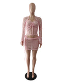 Glitter Sequins Knitted Skirt Sets Women 3 Piece Outfit Vacation Festival Clothing Sheer Top and Mini Skirt Matching Sets