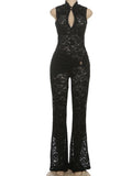 Sexy Jumpsuit Woman Metal Knot Patchwork Jacquard Ruched Waist Stretch Skinny Midnight Workout Streetwear Overalls