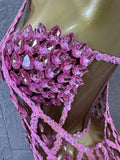 Sexy Crystal Mesh Halter Mini Dress Women Sheer Sequin Embellished Bodycon Outfit Birthday Party Nightclub Performance Costume