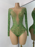 Sparkly Rhinestones Luxury Women Strecht Bodycon Sexy Long Sleeves Singer Performance Stage Nightclub Outfit Dancer Costume
