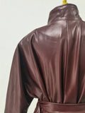 American Retro Burgundy Leather Jacket for Women Stand Collar Long Sleeves Slimming Design Coat Female Winter New