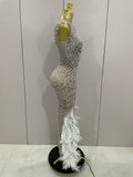 Women Sparkly Rhinestone Feathers Sleeveless O Neck Bodycon Long Dress Wedding Guest Gowns Luxury Birthday Evening Party Dress