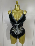 2026 New Sexy Nightclub Bar DJ Performance Dancer Stage Costume Sparkly Rhinestones Feathers Tassels Mesh See Through Bodysuits