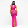 Sexy Mesh Rhinestone Bodycon 2 Pieces Set for Woman Outfits Solid Round Neck Sleeveless Crop Top + Skirt Female Clubwear