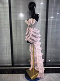New Arrival Women Pink Rhinestones Mesh Ruffles Sexy Laced-up Long Maxi Dress Birthday Photoshoot Wear Cocktail Party Cute Dress
