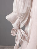 Solid Spliced Ruffles Folds Long Elegant Dresses for Women Lace Up Stand Neck Long Sleevs Tunic Temperament Dress Female
