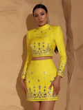 Two Piece Sets for Women Stand Collar Long Sleeve Spliced Diamonds Top High Wiast Mini Skirt Elegant Outfit Female