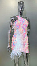 Women's Gorgeous Feather Gradient Sequin One-shoulder Ultra-short Dress Fashion Hot Party Evening Performance Gown Show Costumes