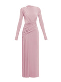 Elegant Slim Fit Folds Irregular Long Dress Fashion Women Long Sleeve Diagonal Collar Robes 2025 Chic Party Banquet Wear