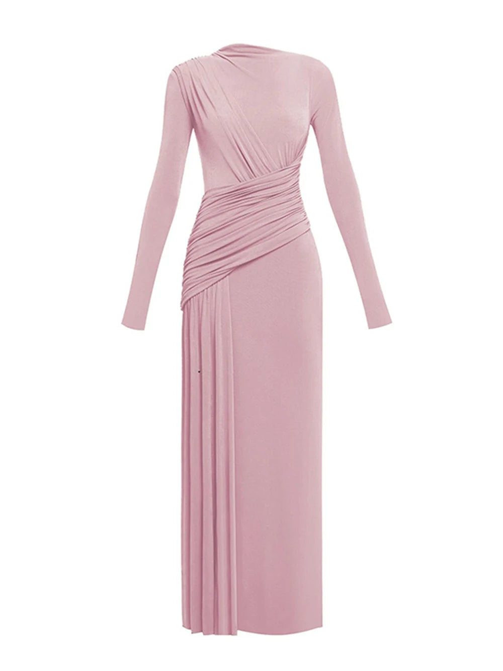 Elegant Slim Fit Folds Irregular Long Dress Fashion Women Long Sleeve Diagonal Collar Robes 2025 Chic Party Banquet Wear