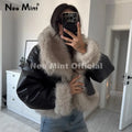 Exclusive Black Faux Leather Fur Cropped Coat Women Winter 2026 Chic Reversible Gradient Fluffy Fox Fur Jacket Overcoat