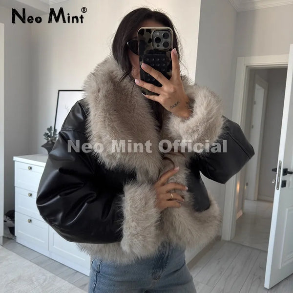 Exclusive Black Faux Leather Fur Cropped Coat Women Winter 2026 Chic Reversible Gradient Fluffy Fox Fur Jacket Overcoat