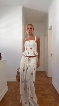 White Floral Print Two Piece Set Spaghetti Strap Ruffle Corset Top Strap Wide Leg Pants 2026 Summer Street Casual Women Outfit