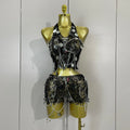 Sexy Evening Party Nightclub Performance Costume Women Birthday Mesh See-Through Pin Decoration Chain Short Dress Two-Piece Set