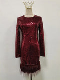 Solid Spliced Sequines Slimming Dresses for Women O Neck Long Sleeve Temperament Dress Female Fashion New