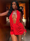 Halter Ruched Dress Women Sexy Whip Knot Backless Patchwork Elegant Stretch Christmas Peach Hip Birthday Mini Bodycon