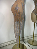 Women Sexy Sleeveless Rhinestones Chic Evening Gown Mesh See Through Performance Dance Costume Singer Stage Wear
