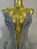 2026 Sexy Deep V Mesh See Through Mini Dress Women Sparkly Silver Diamonds Eveing Party Birthday Bar Nightclub Stage Costumes