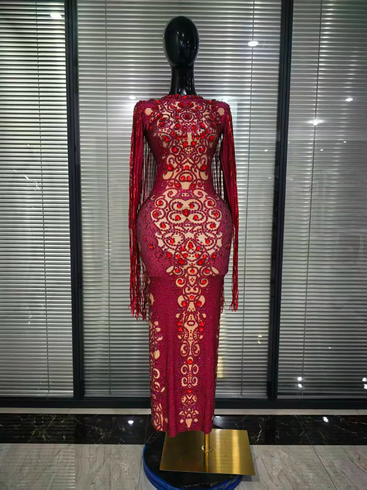 High Stretch Women Long Sleeve Sparkly Crystal Long Fringes Bodycon Long Dress Elegant Evening Party Birthday Photoshoot Wear