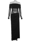 Slash Neck Dress Women Chic Elegant Sexy 2025 Patchwork Mesh Ruched Hollow Birthday Party Clubwear  Vacation Vestidos