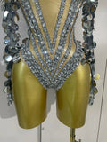 Sexy Sparkly Silver Rhinestones Sequins Mesh Stretch Bodysuit Eveing Birthday Party Nightclub Bar Singer Dancer DJ Stage Costume