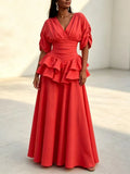 V Neck Puff Short Sleeve Maxi for Dress Women Ruched Fitted Waist Tiered Double Ruffle Hem for Summer Daily Party Occasion