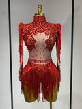 Women Long Sleeve Sexy Stretch Bodycon Shinning Tassels Rhinestones Bodysuit Celebrate Birthday Club Evening Party Stage Outfit