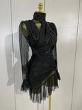 Women Evening Club Party Birthday Dresses Elegant Black High Collar Long Sleeve Solid Mesh Sexy See Through Ruffle Mini Dress