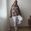 Fashion Floral Faux Lambswool Sweatshirt Women's Casual Zipper Pocket Loose Pullover Sweatshirt Autumn Festive Clothing