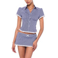 Solid Two Peice Set for Women Lapel Short Sleeve Shirt Low Waist Spliced Fungus Edge Mini Skirt Sweet Suit Female