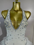 Women Sexy Mesh See Through Evening Birthday Party Dress Nightclub Stage Wear Sparkly Rhinestone Pearls Halter Backless Bodysuit